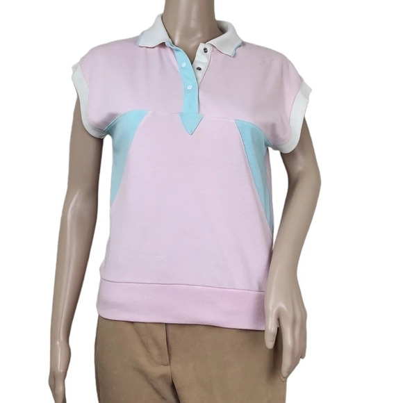 80s Googla Gong Colorblock Pink Blue Collar top - Picture 1 of 10